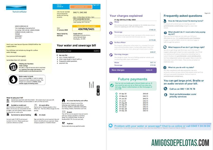 Em branco modelo de conta de serviços públicos de água de Yorkshire do Reino Unido em formato Word e PDF (2 páginas)